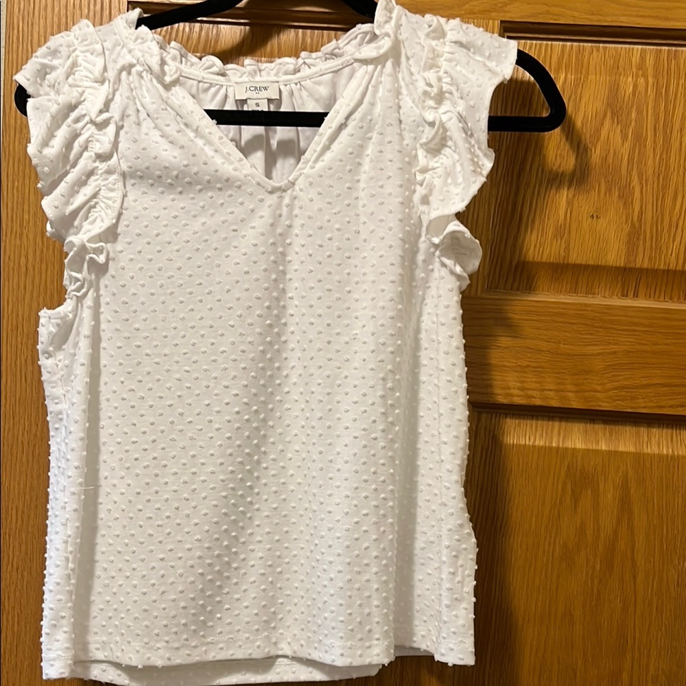 J. Crew White Flutter Sleeve Ruffled Blouse